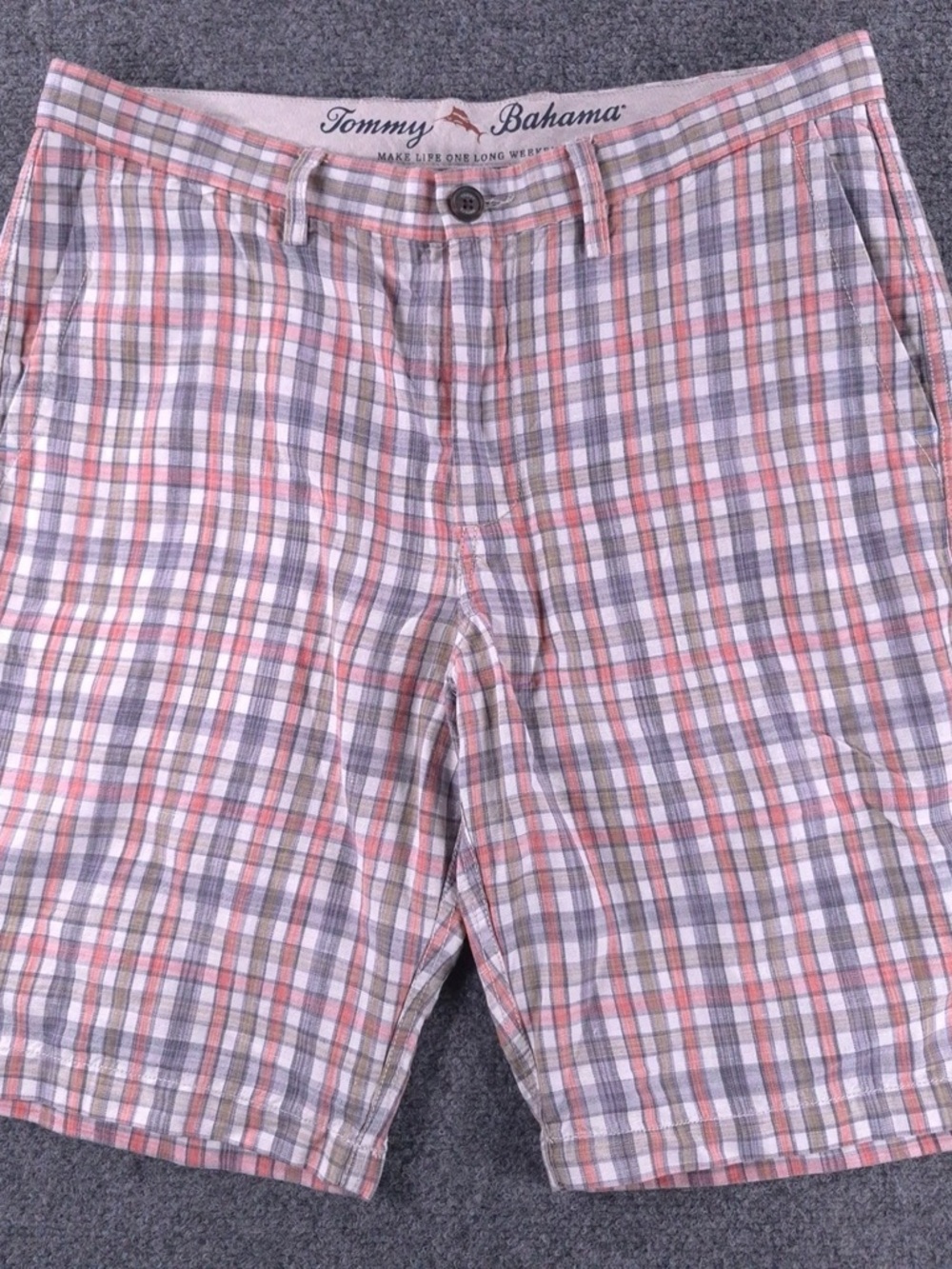 Tommy Bahama Plaid Flat Front Shorts in Coral, Gray & White